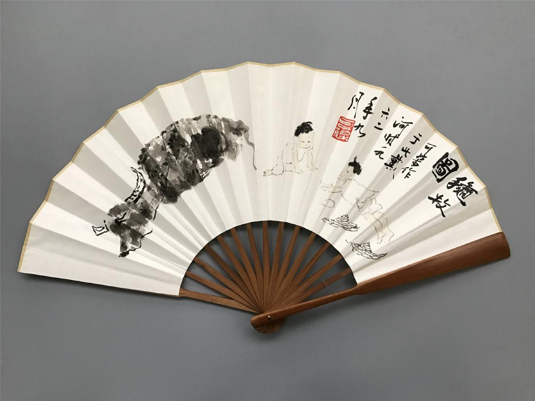 CHINESE FAN PAINTING OF TWO BOYS AND OX (1 of 3)