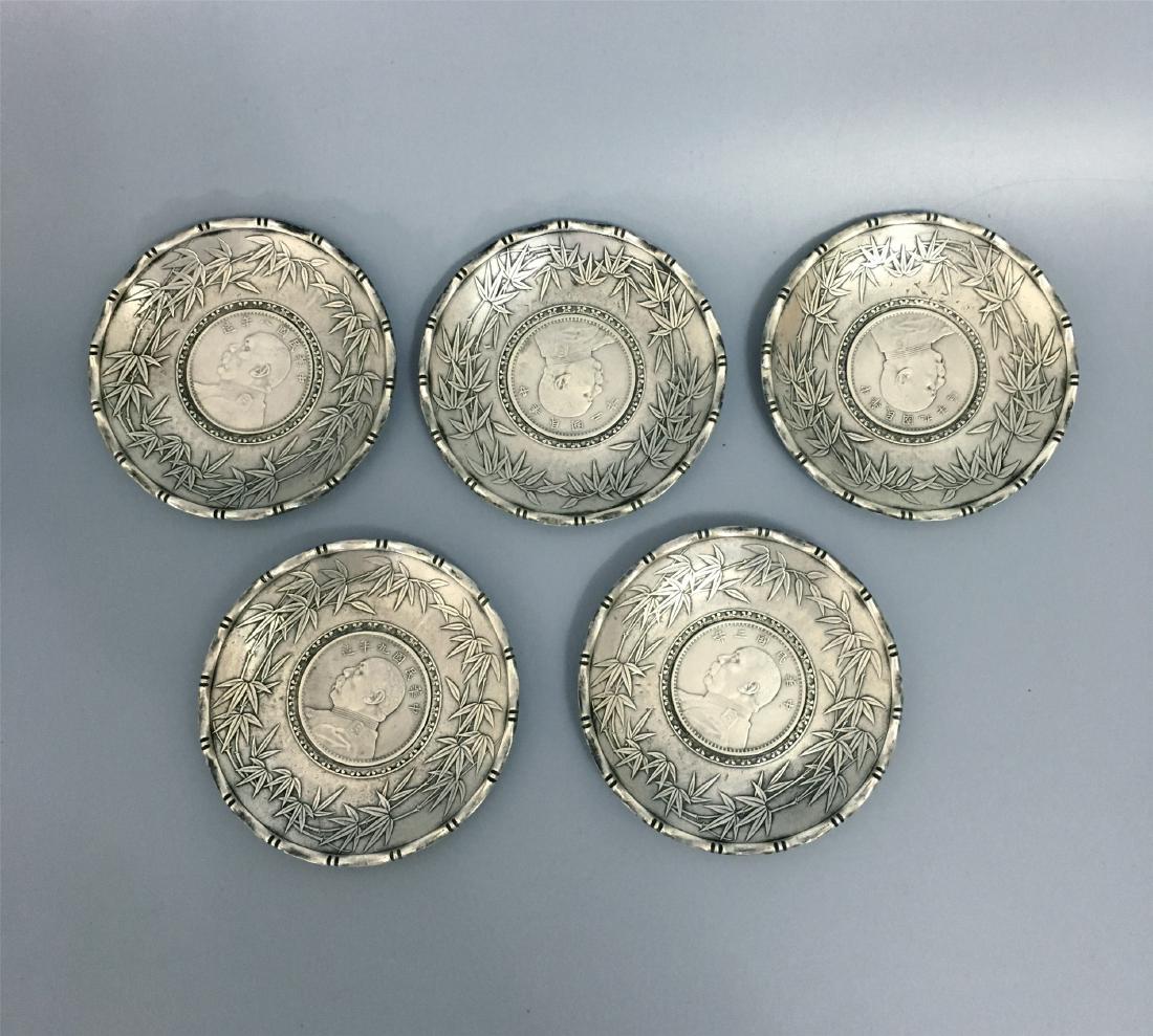 FIVE CHINESE SILVER TEA DISH COINS INLAID (1 of 4)