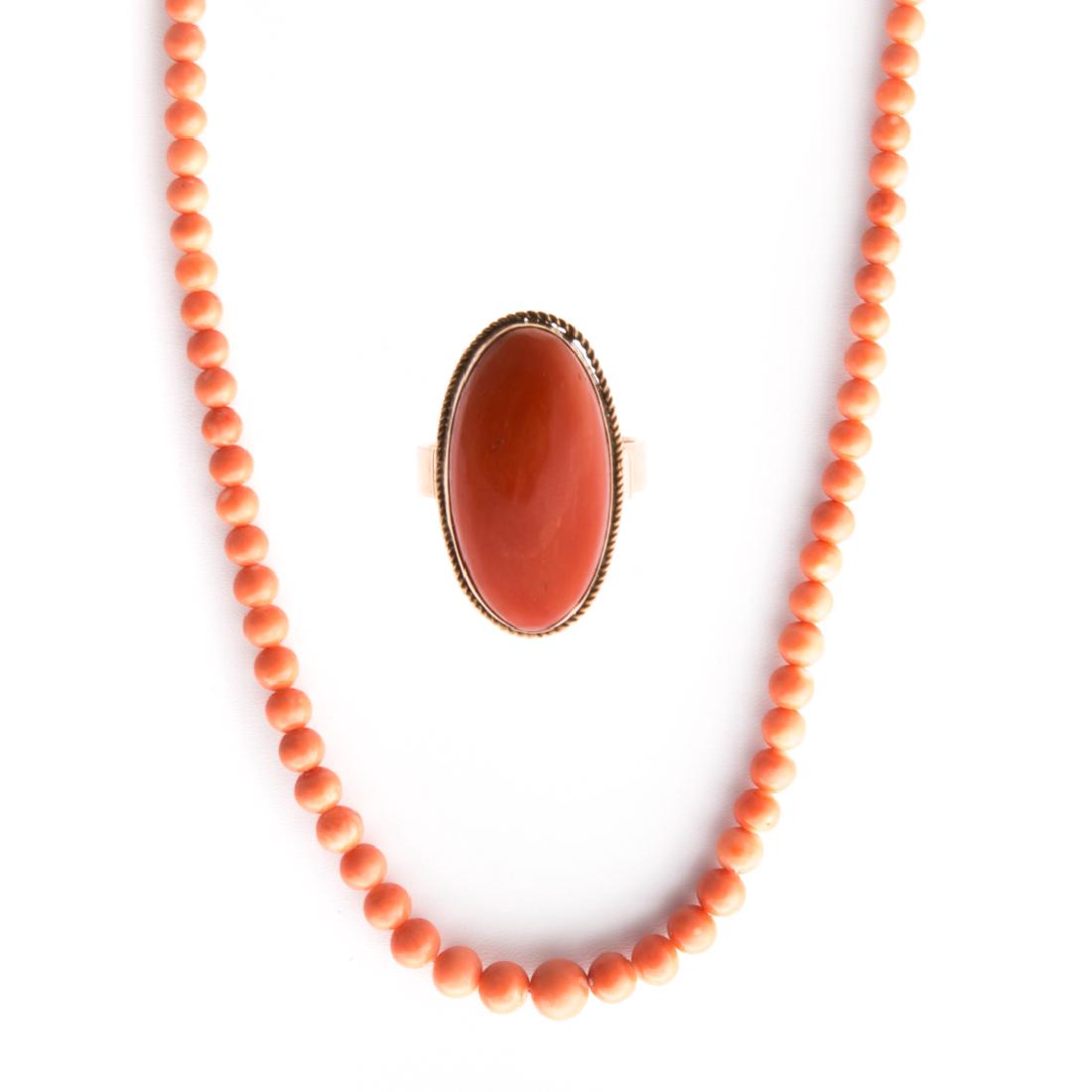 A Strand of Coral Beads and Coral Ring in Gold (1 of 5)