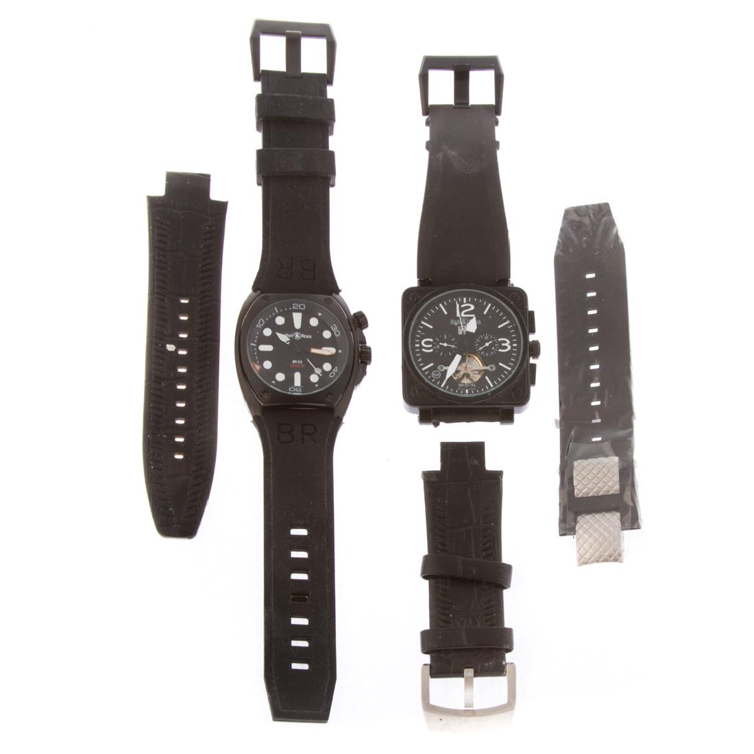 Two Gentlemen's Bell and Ross Watches: Swiss made, stainless steel, automatic movement, water resistant, black silicone straps
