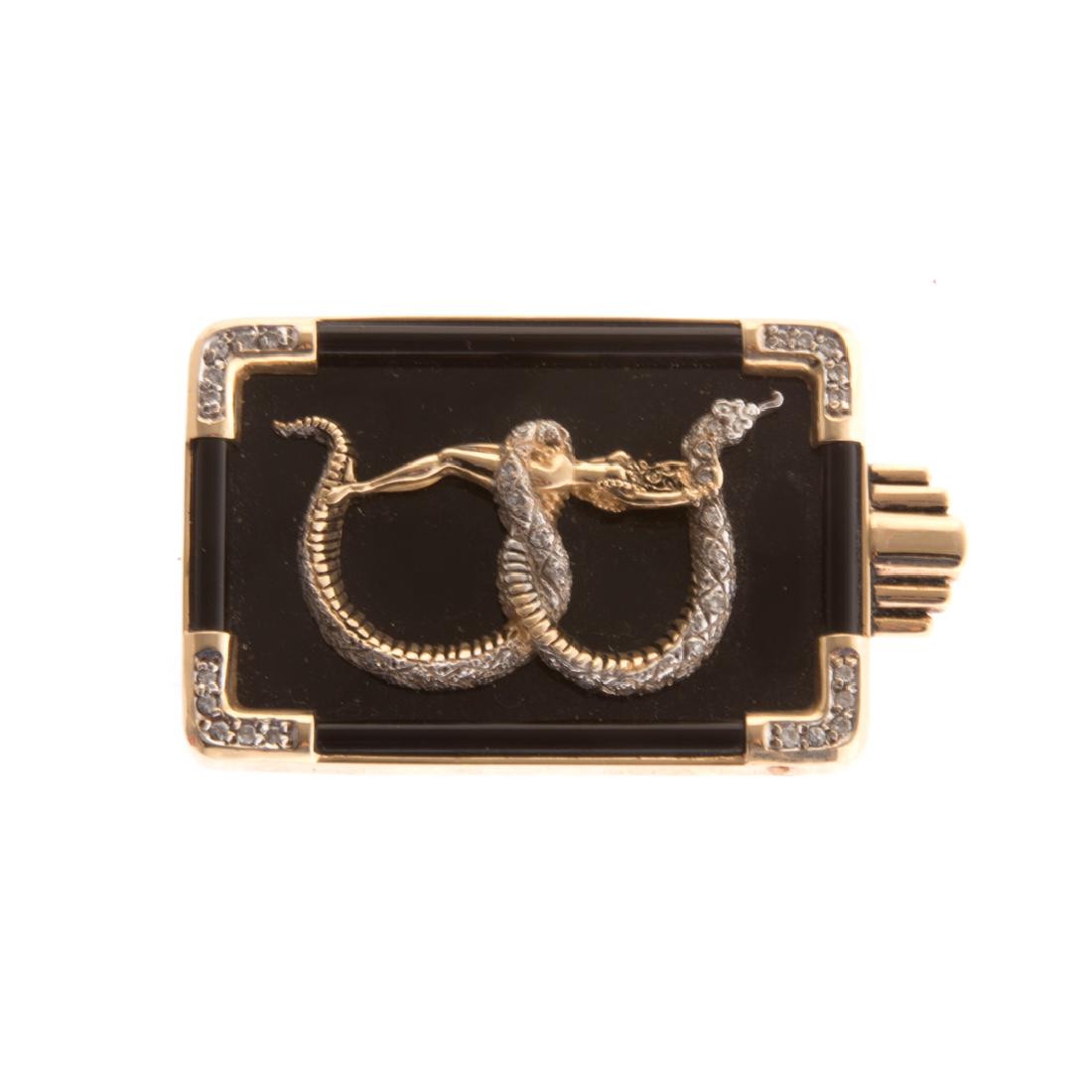 A Lady's Gold, Black Onyx & Diamond Brooch by Erte (1 of 2)