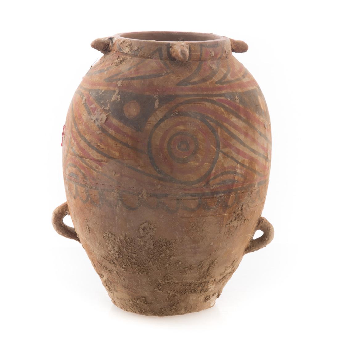 Chinese Shang manner pot: with geometric polychrome decoration, 8 1/2 in. H. Condition: Age wear, encrusted dirt