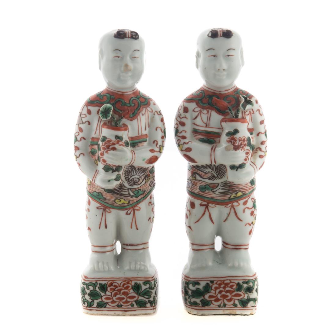 Pair Chinese Export Famille Verte Ho-Ho boys (1 of 3)
