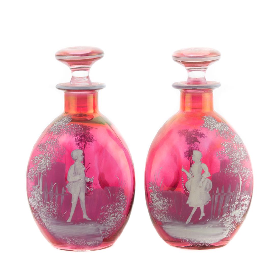 Pair Mary Gregory cranberry glass decanters (1 of 2)
