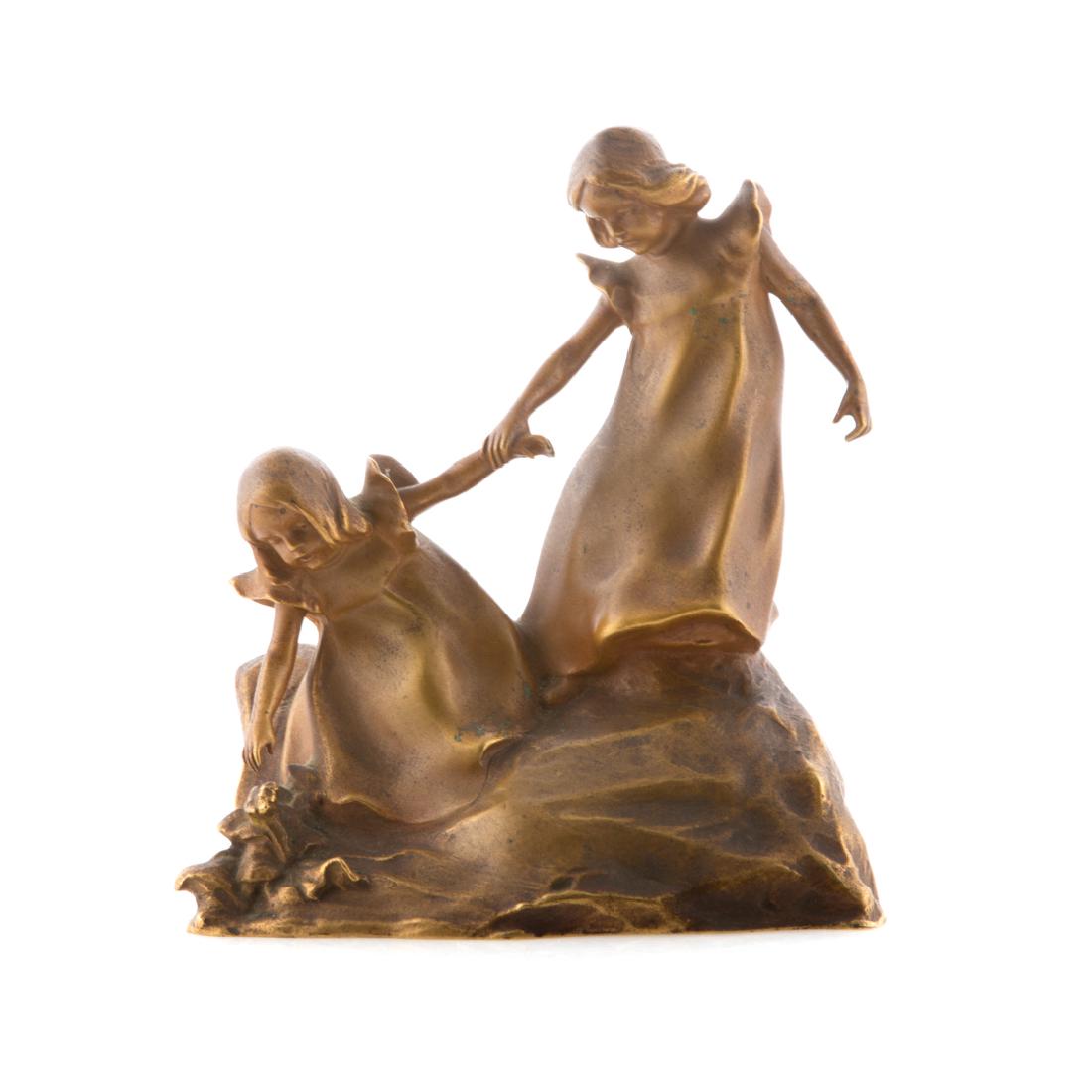 Franz Gruber. Two little girls, gilt bronze: (Austrian, 1878-1945). Signed in cast "F. Gruber," 5 3/4 in. H. Condition: Gilt wear, green paint splatters