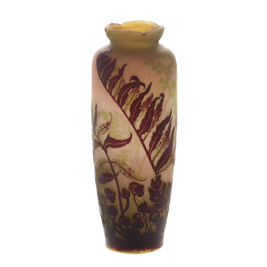 Emile Galle acid etched cameo glass vase: first quarter-20th century; plant and foliate decoration, 13 in. H. Condition: Wear and pencil marks underneath