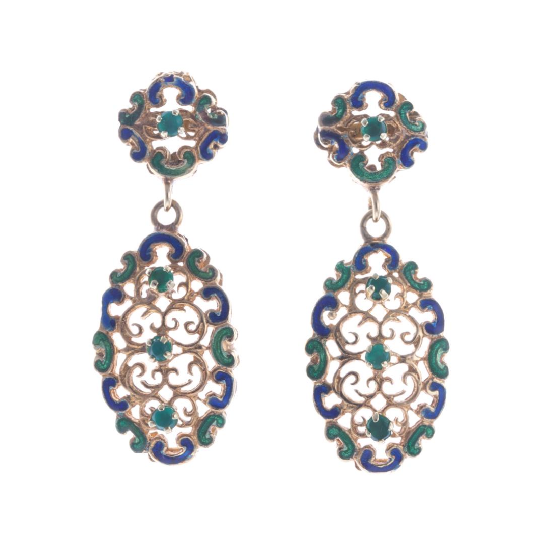 A Pair of Emerald and Enamel Ear Pendants in 14K (1 of 3)