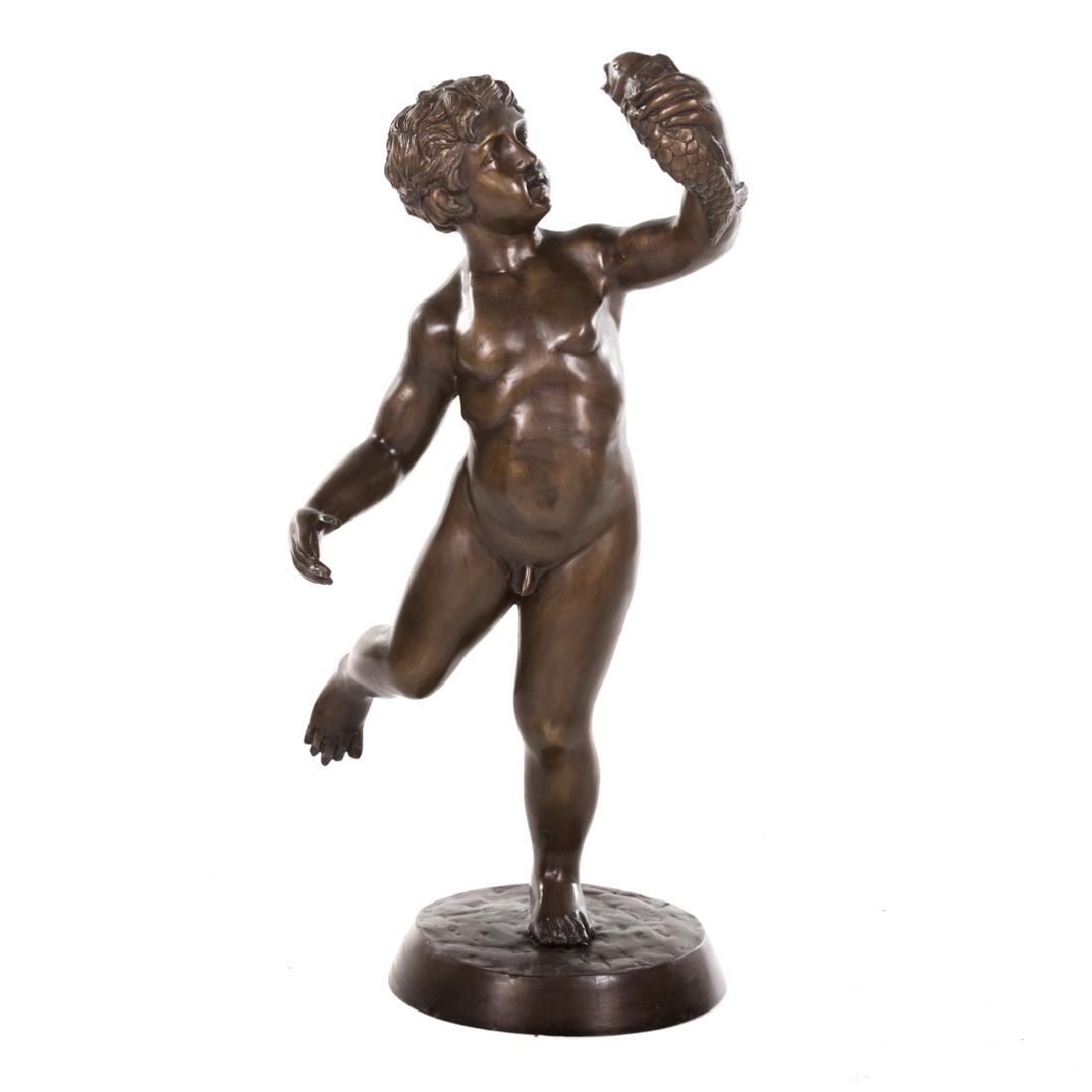 Classical style bronze fountain figure: modeled as nude youth holding a fish which acts as fountain head, 31 in. H.