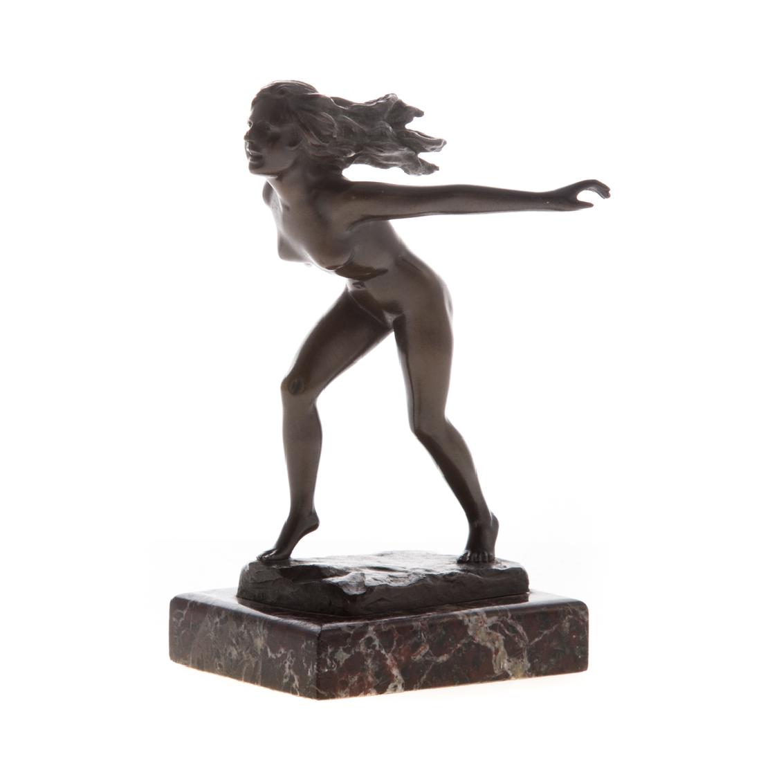 American School 20th century. Female nude bronze: miniature bronze modeled as running female, possibly Atlanta, signed with unidentified monogram, mounted on marble base, 6 in. H.