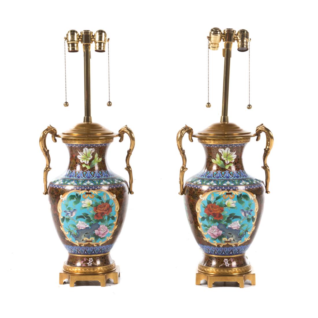 Pair Chinese cloisonne enamel lamps (1 of 5)