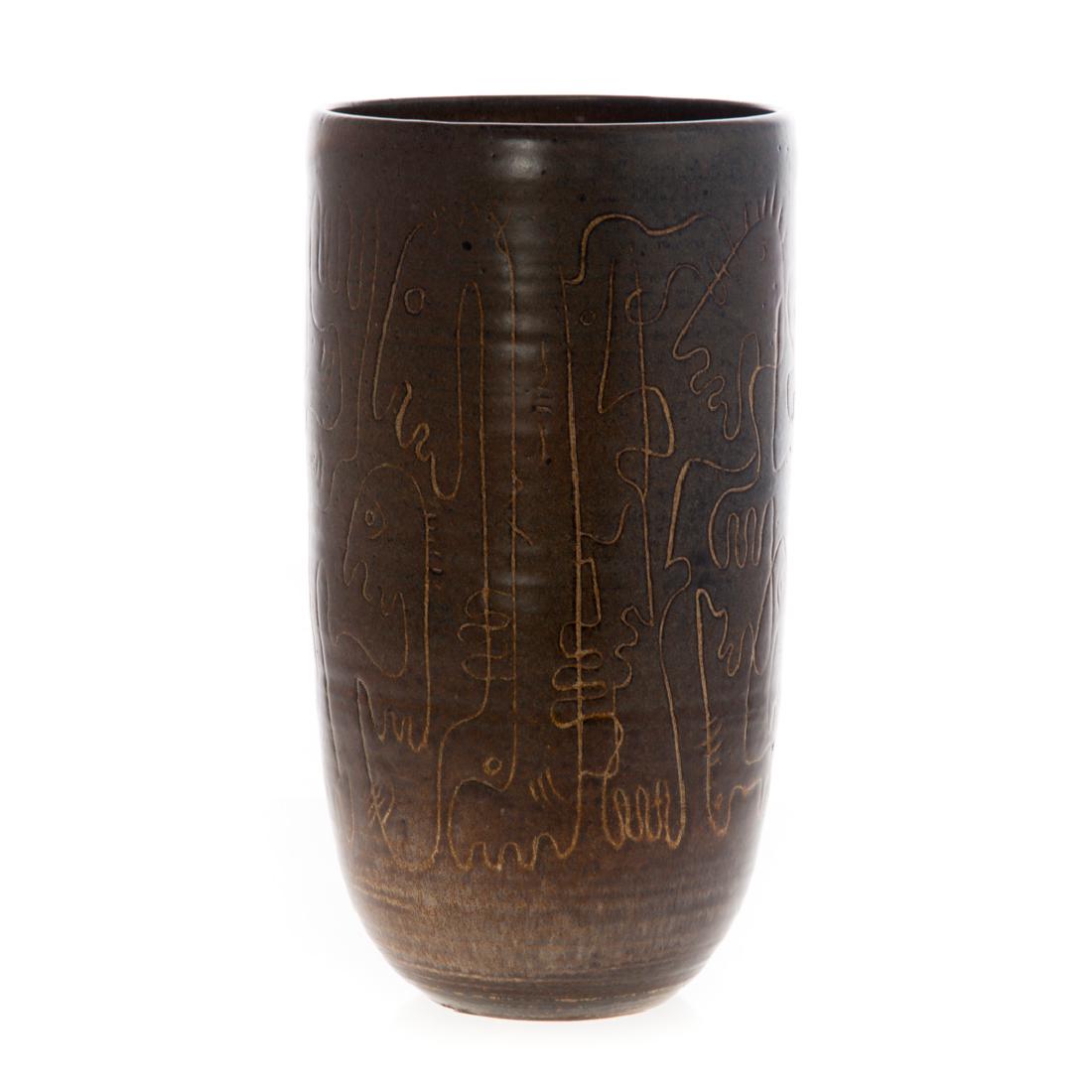 Edwin & Mary Scheier pottery vase: second half-20th century; brown ware vase with primitive sgraffito figural decoration, signed "Scheier" underneath, 8 1/2 in. H.