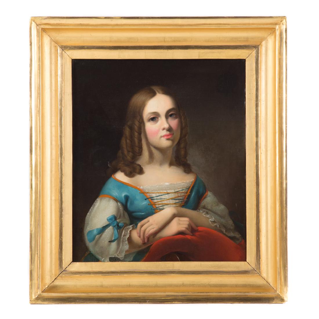 Attr. to Thomas Sully. Portrait of a Girl, oil: (American, 1783-1872). Oil on canvas, monogrammed "T.S." on verso, inscribed "Sissy Crossed Hands" on verso, 24 x 20 in., framed; Receipt attached: Amos Judd & Son, Baltimore, MD, April 20, 1991