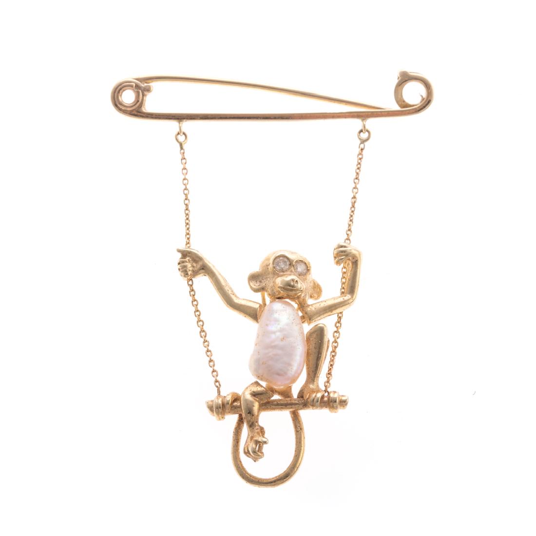 A Lady's 14K Pearl Monkey on a Swing Brooch (1 of 4)