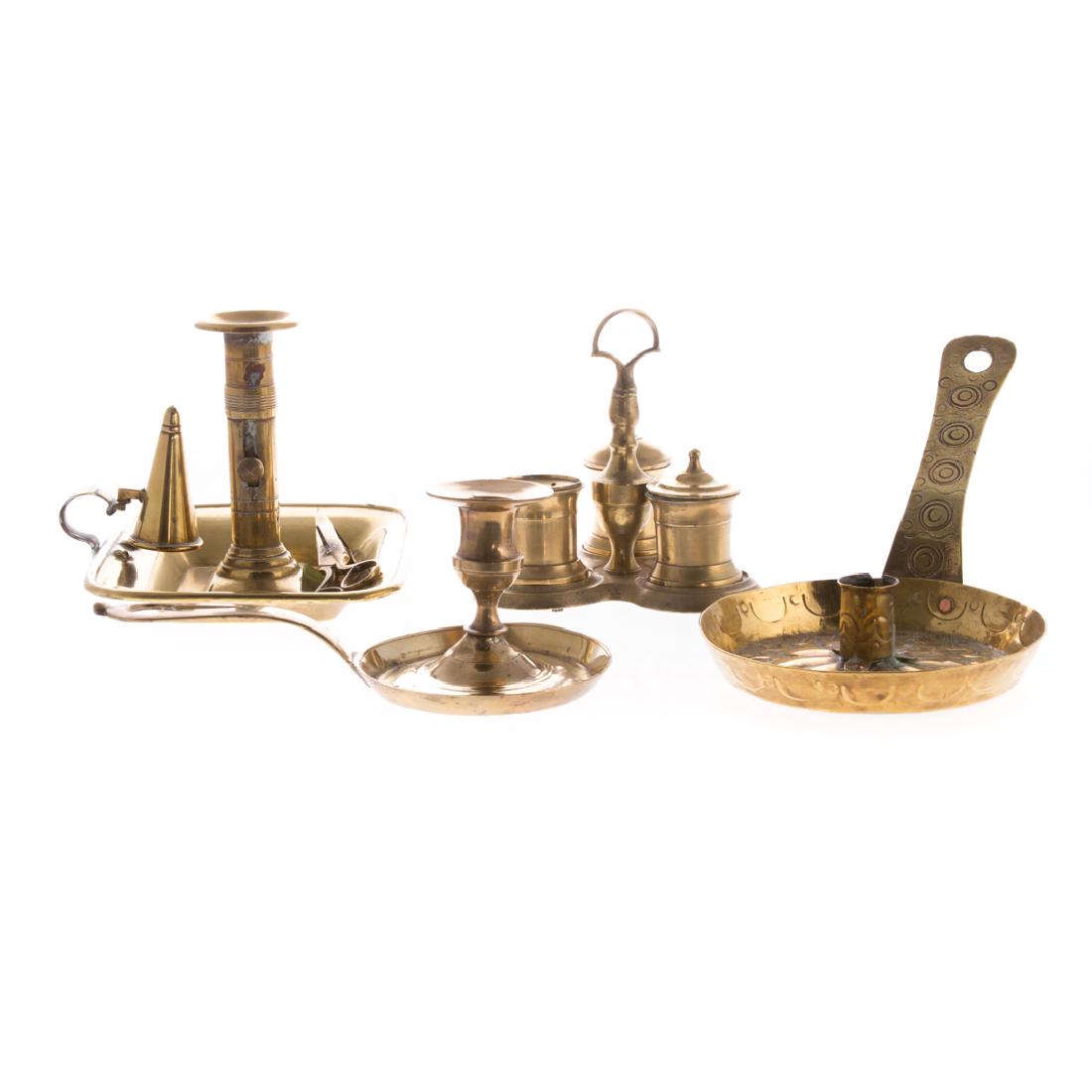 Four brass lighting articles and standish (1 of 5)