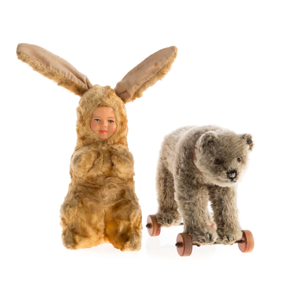 Steiff miniature bear on wheels and bunny doll (1 of 4)