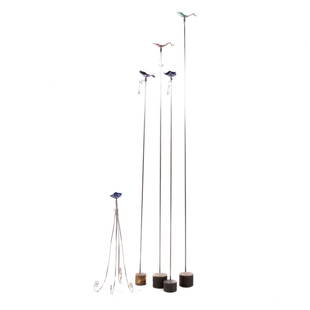 Sawaya & Moroni five piece candle set: 20th century; forged metal and color enameled set with cut glass prism, comprising - four floor candlesticks, table top candlestick and small side table, 24 to 72 in. H.