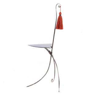 Sawaya & Moroni enameled side table: 20th century; blue triangular table on three forged metal legs, table: 20 in. H, overall: 39 1/2 in. H