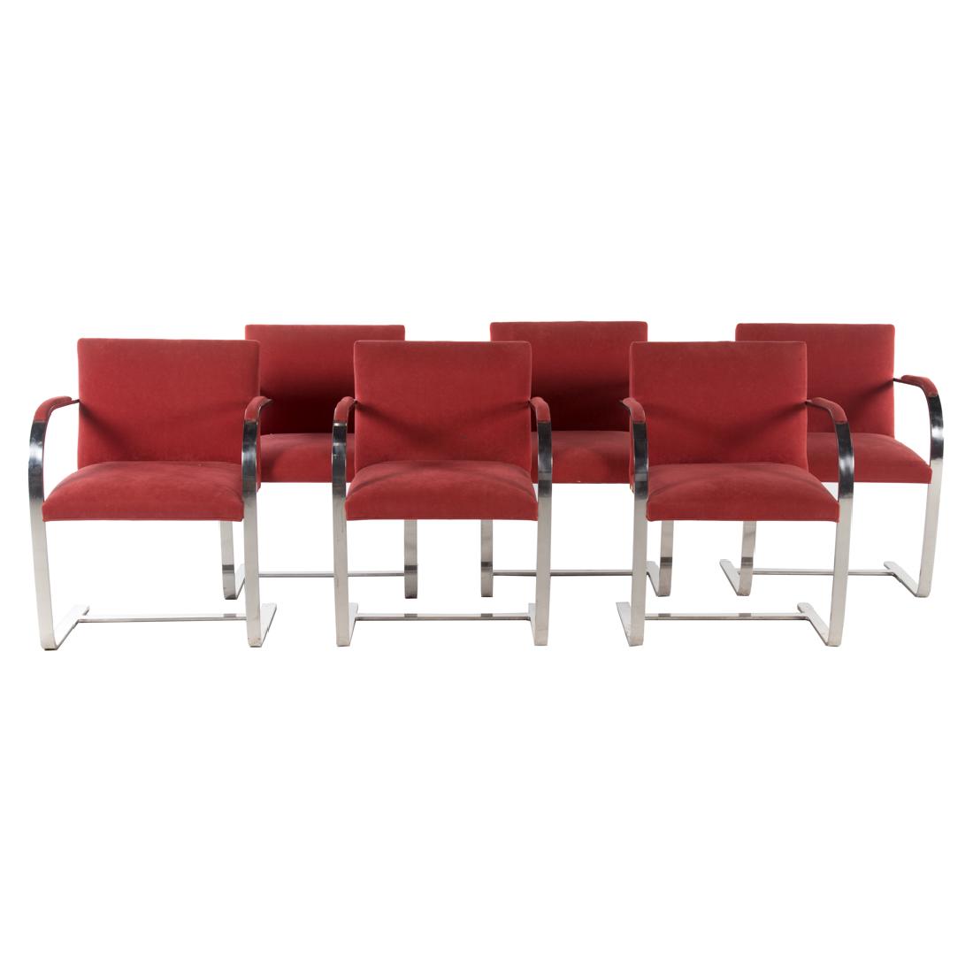 Six Knoll flat bar Brno armchairs: designed by Mies van der Rohe, made by Knoll, mid-20th century; stainless steel frames, suede upholstery, 31 in. H., 23 in. W., 19 1/2 in. D.