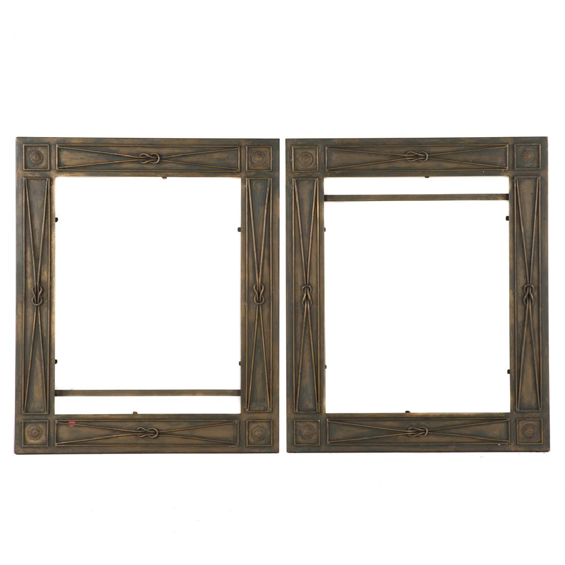 Pair bronzed metal frames: contemporary; green and gilt painted; with applied rosette and knot decoration, 38 in. H., 30 1/2 in. W.