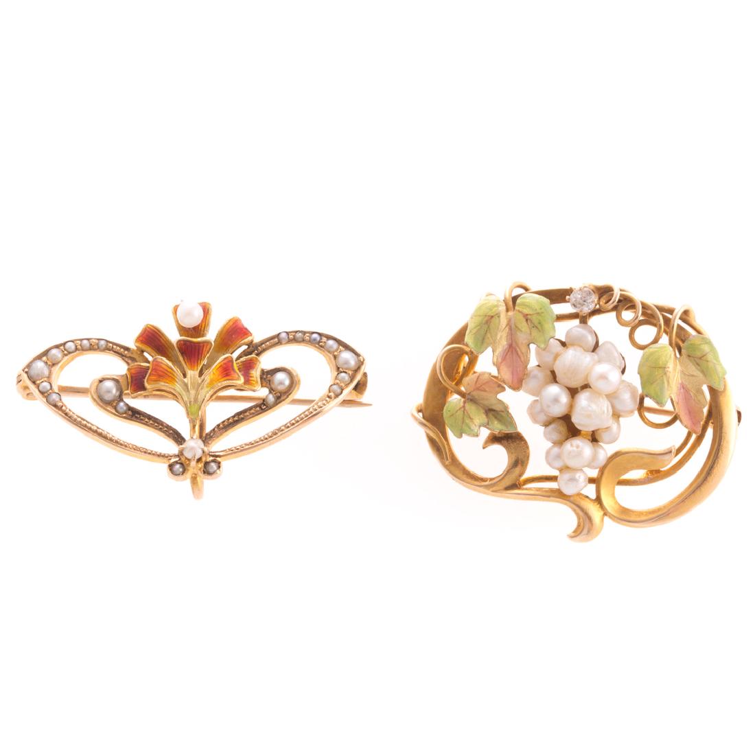 A Pair of Seed Pearl and Enamel Floral Pins (1 of 3)