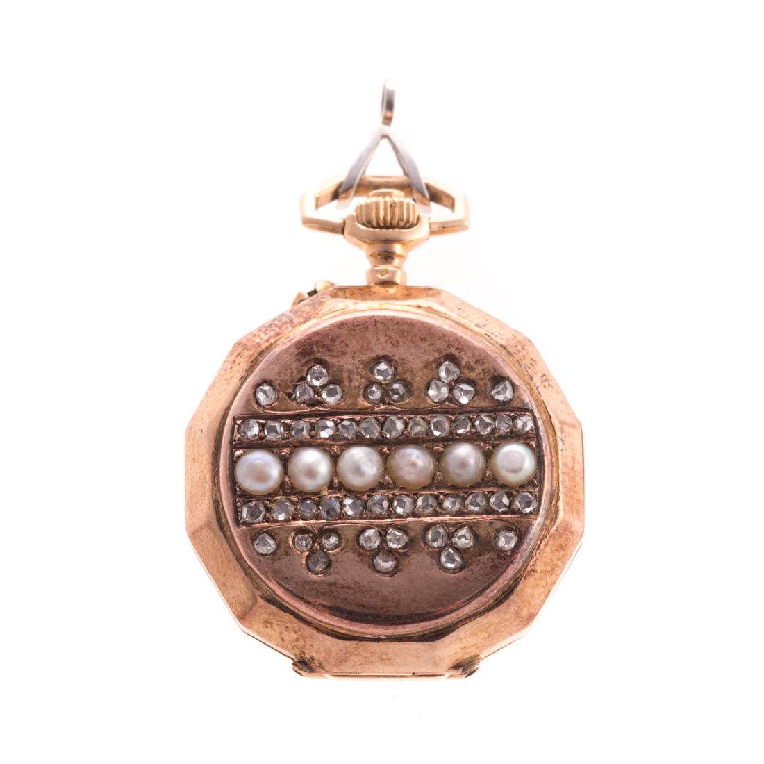 A Lady's Diamond & Seed Pearl Pendant Watch (1 of 5)