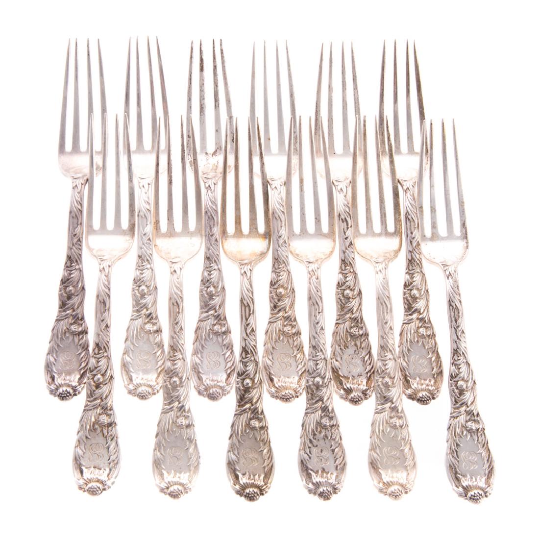 12 Tiffany "Chrysanthemum" sterling dessert forks (1 of 3)
