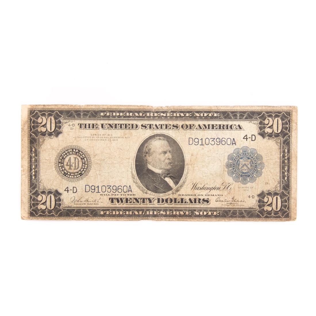 [US] $20 1914 Federal Reserve Note - VG: FR-977 $20 FRN Cleveland, Burke-Glass VG/F with lots of wear and only a tiny frayed edge at top center