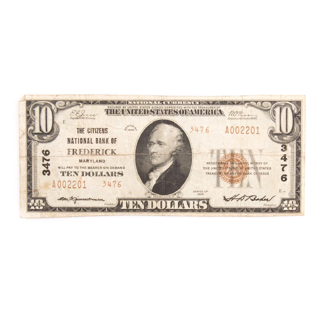 [US] 1929 $10 National Currency Charter 3476: $10 1929 National Currency Type-2 Charter 3476 Citizens National Bank of Frederick, Maryland. SNA002201 F/VF with middle note folds