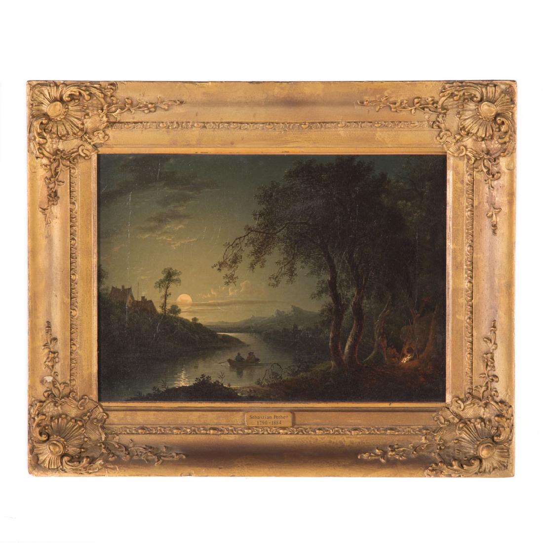 Sebastian Pether. Moonlit Landscape, oil on canvas: (British, 1790-1844) Signed "S. Pether" lr, 10 x 14 in., framed