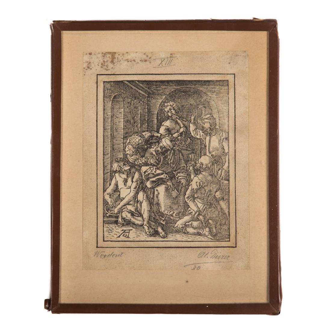 Albrecht Durer. "The Mocking of Christ," woodcut: (German, 1471-1528). Monogrammed in block ll, 5 x 3 7/8 in., unframed