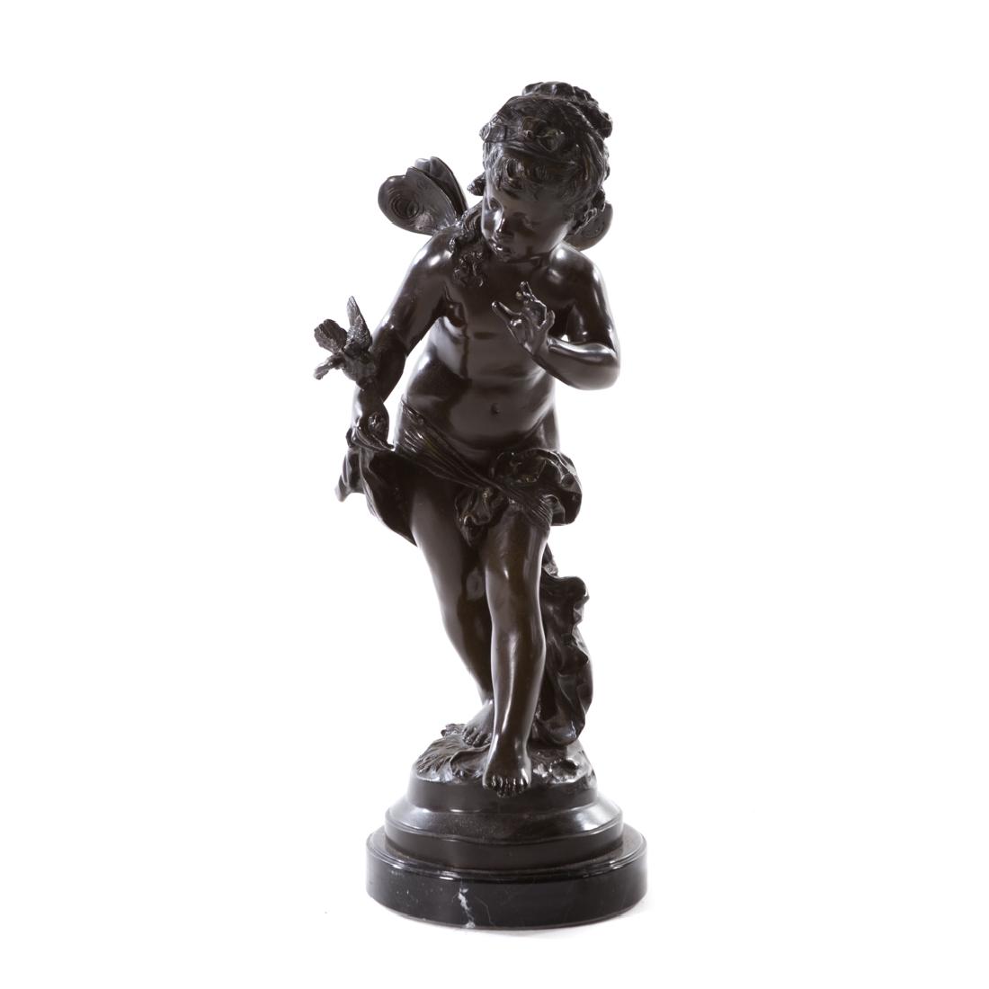 After Auguste Moreau. Fairy bronze: female fairy holding bird, mounted on circular marble base, 29 in. H.
