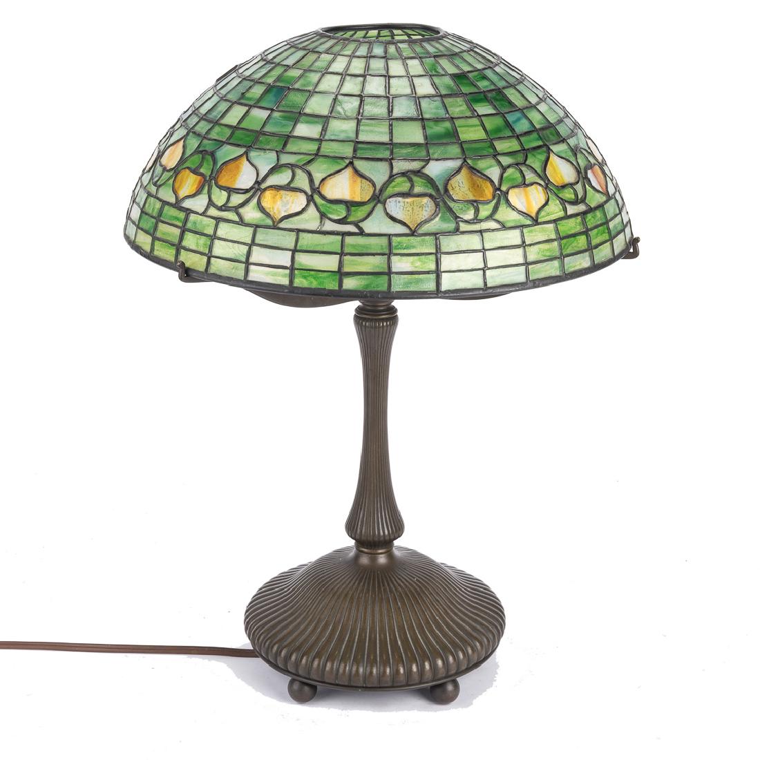 Lotus bronze lamp base with Acorn shade ACORN SHADE w ART GLASS BASE LAMP