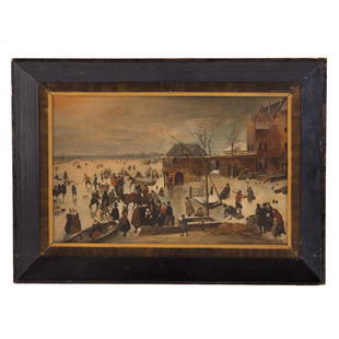 After Hendrick Avercamp. A Scene on the Ice, oil: (Dutch, 1585-1634). Late 19th/early 20th century, after the circa 1615 original in the National Gallery in London, oil on canvas, unsigned, 8 1/2 x 13 1/4 in., framed; Property from the Hans Goedicke