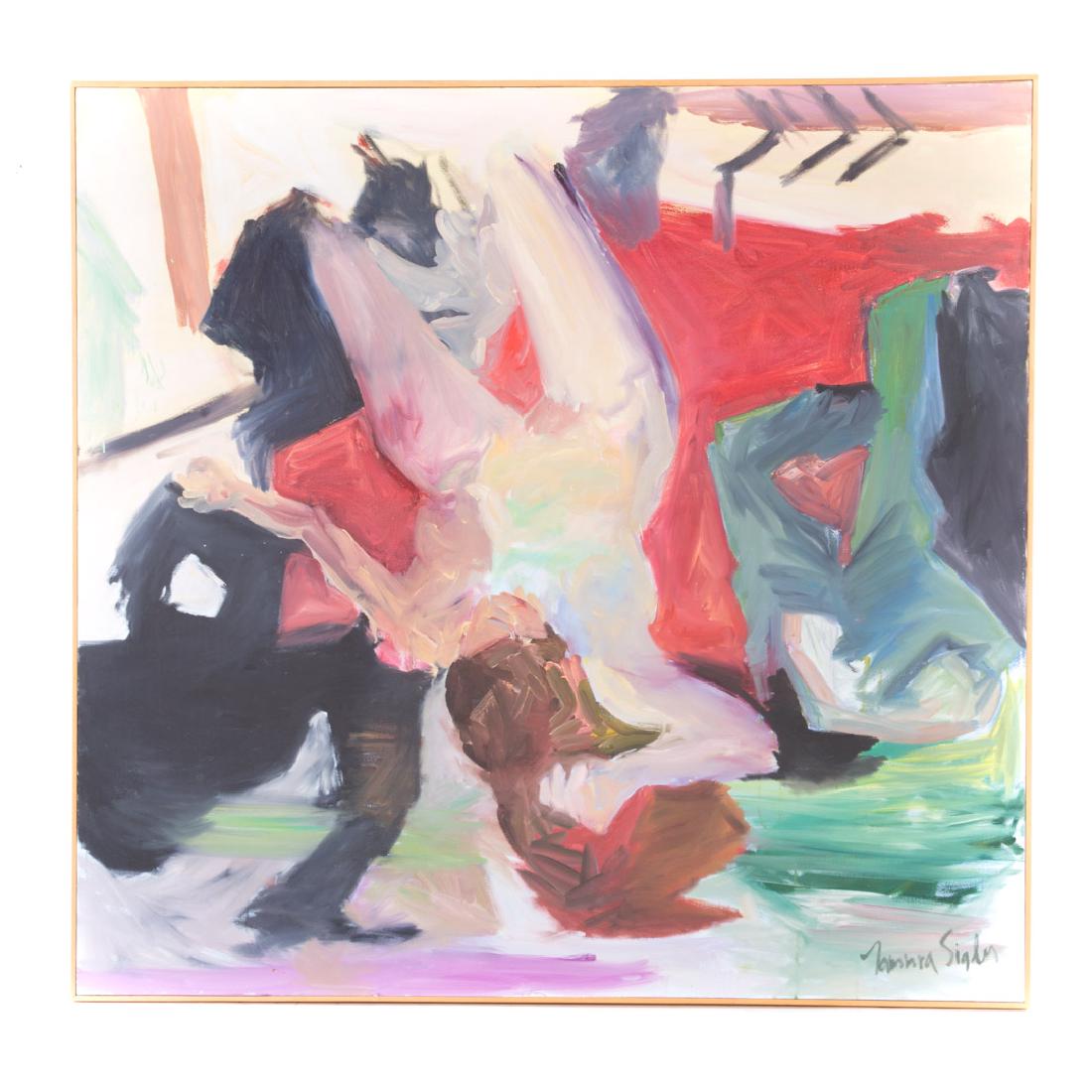 Tammra Sigler. "Reclining on Red," oil on canvas: (American, 20th/21st century). Signed "Tammra Sigler" lr, signed, titled, and dated 1990 on verso, 59 1/4 x 62 1/4 in., slat framed; G.H. Dalsheimer LTD., Baltimore, MD gallery label on verso