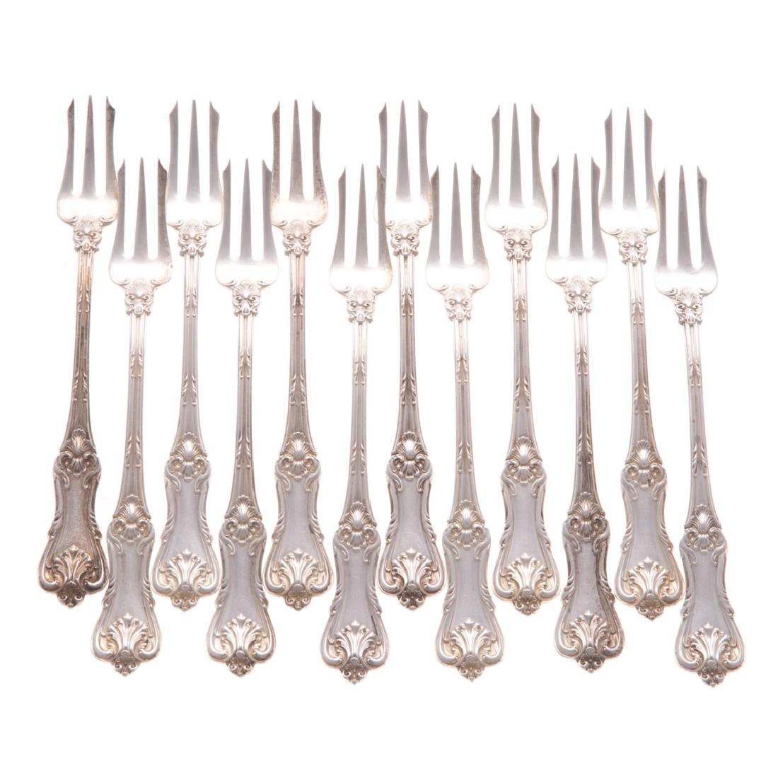 Frank Smith Federal Cotillion cocktail forks: set of 12 sterling silver cocktail/seafood forks in the "Federal Cotillion" pattern by Frank Smith, 1901 hallmark, no monograms, 8.35 ozt.