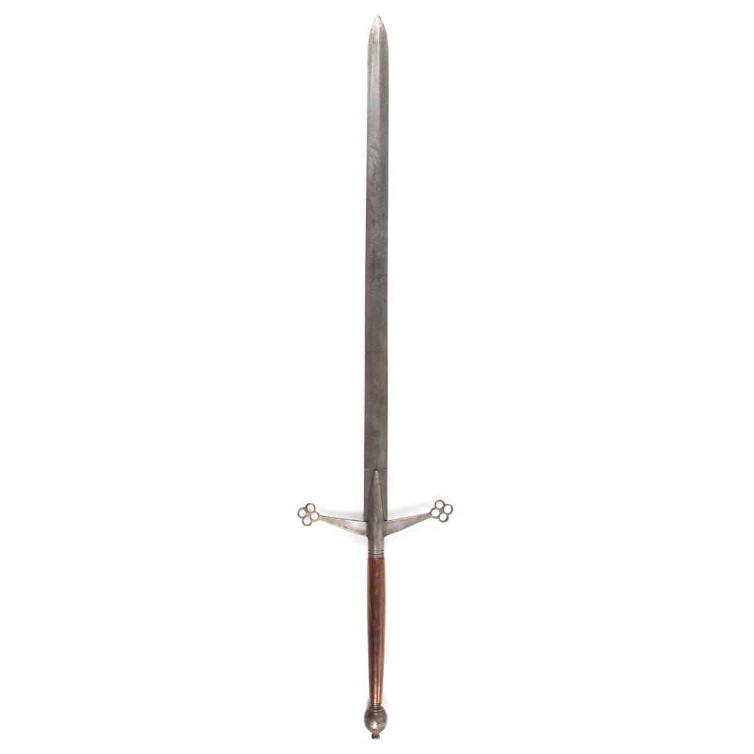 Reproduction Scottish claymore: high quality reproduction of 13th-14th century broad sword, forged metal blade and pommel with walnut handle, 58 in. L.