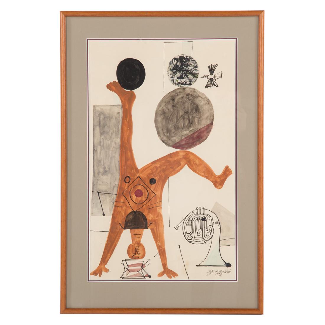 Byron George Browne. Acrobat, watercolor: (American, 1907-1961). Watercolor on paper, signed and dated "Byron Browne, 1948" lr, sight size: 21 1/4 x 13 in., framed