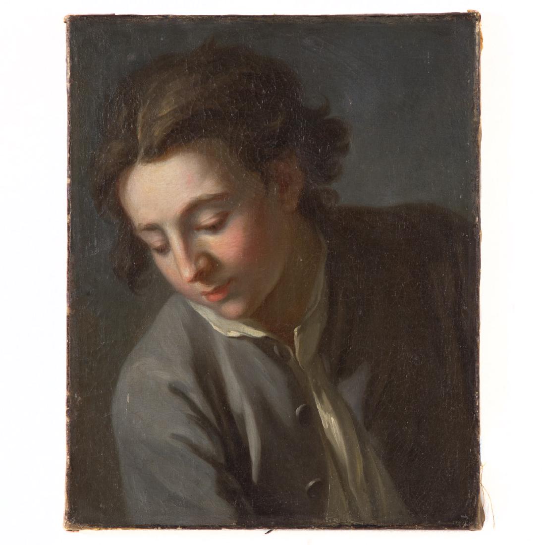 Attr. to N.B. Lepicie. Boy in Blue Coat, oil: Michel Nicolas-Bernard Lepicie (French, 1735-1784). Oil on canvas, unsigned, attribution attached to verso, consignor states Claude Vernet as sitter, 15 7/8 x 12 7/8 in., unframed.