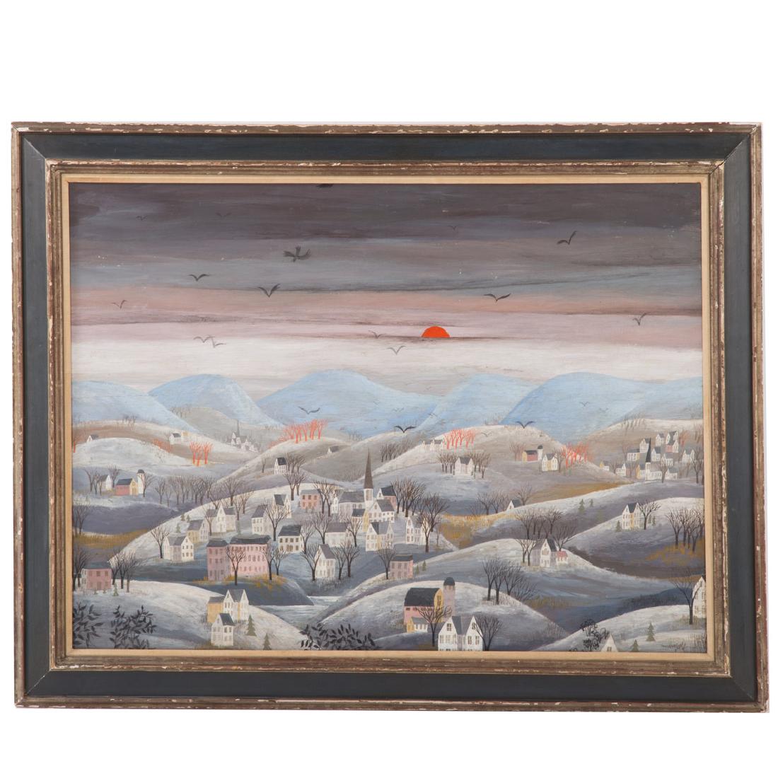 Thomas McKnight. "Connecticut Towns," oil on board: Thomas Frederick McKnight (American, b. 1941). Signed "McKnight" lr, 27 1/2 x 36 1/4 in., framed; Bruce Webber Gallery, Lake Worth, FL label on verso