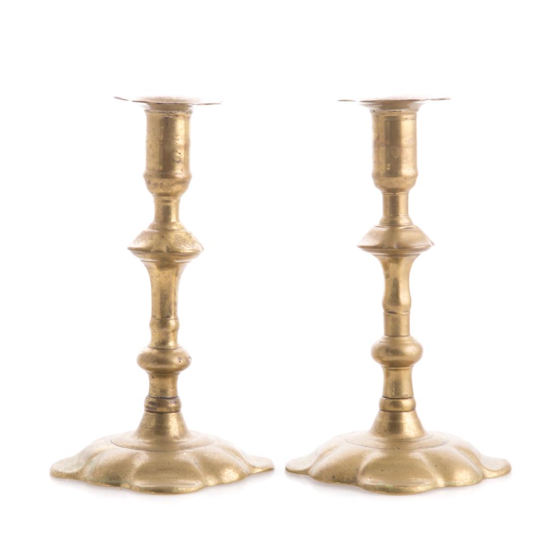 Pair of George II brass petal base candlesticks (1 of 5)