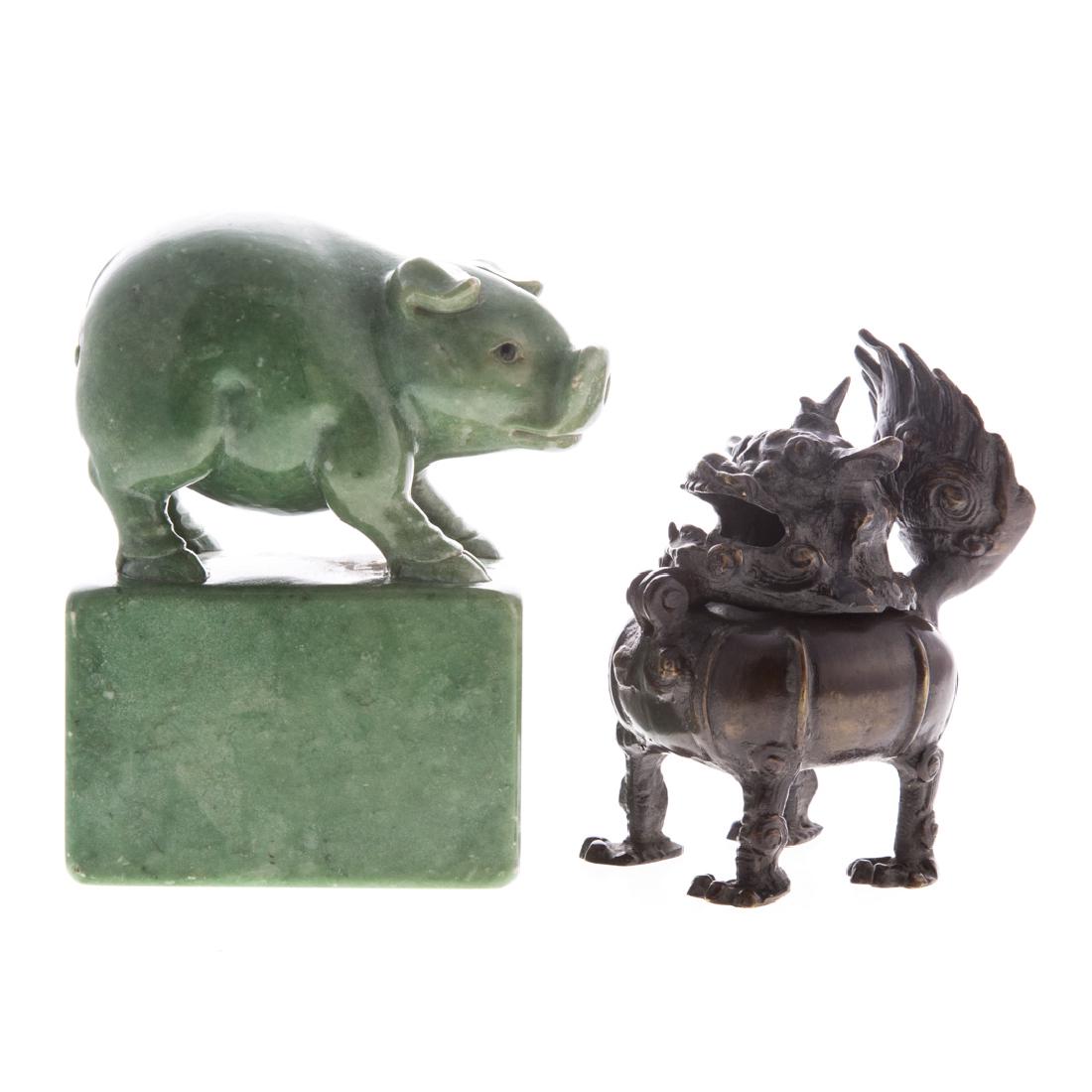Chinese carved hardstone pig and bronze censor (1 of 3)
