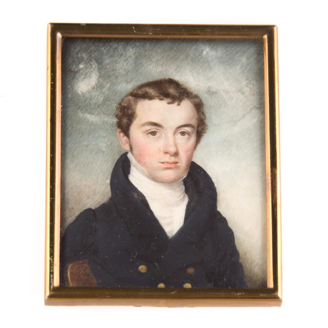Attributed to Eliza Goodridge, miniature portrait: (American, 1798-1882). Portrait of John Davis Weld Williams (1799-1882) of Roxbury, Mass:, circa 1825, gouache, 3 1/2 x 2 1/2 in., in stamped brass frame