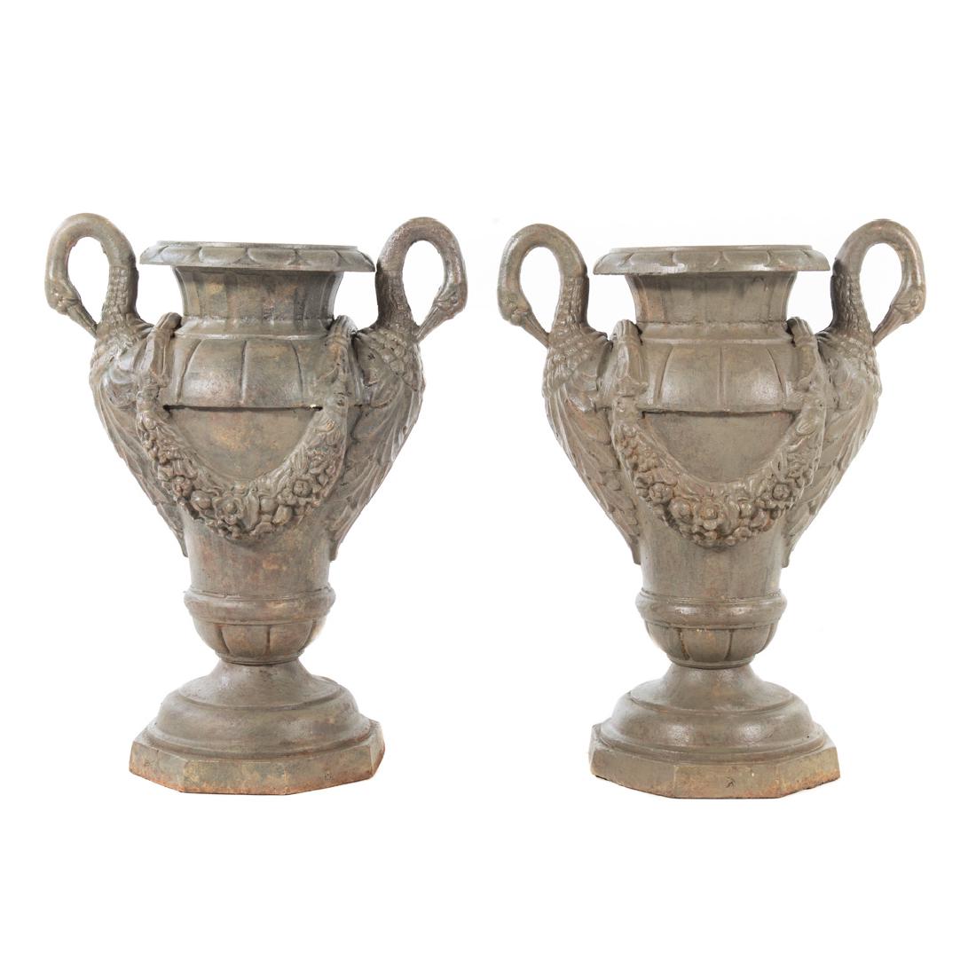 Pair classical style cast iron garden urns (1 of 6)