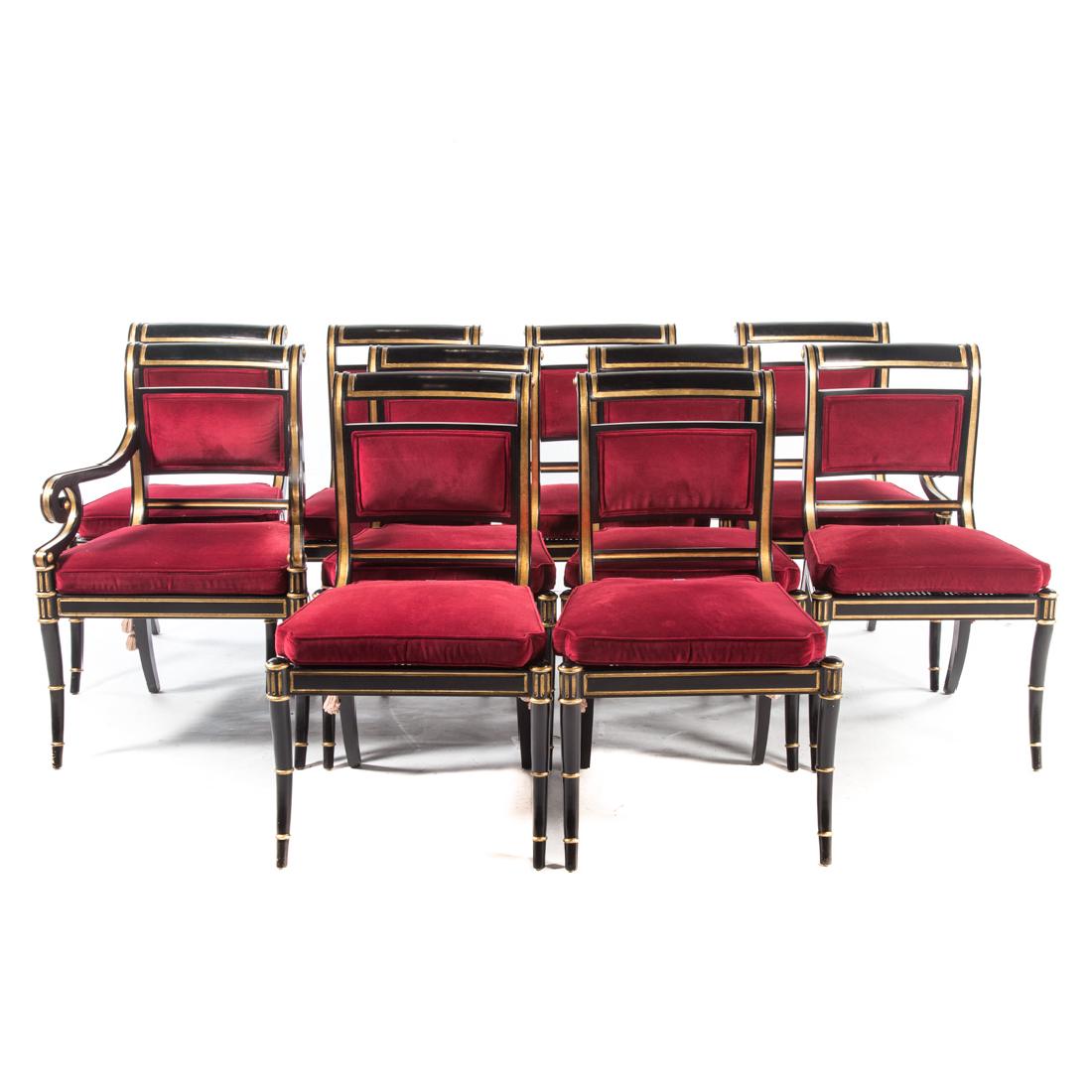 10 Baker Regency style ebonized/gilt dining chairs (1 of 5)