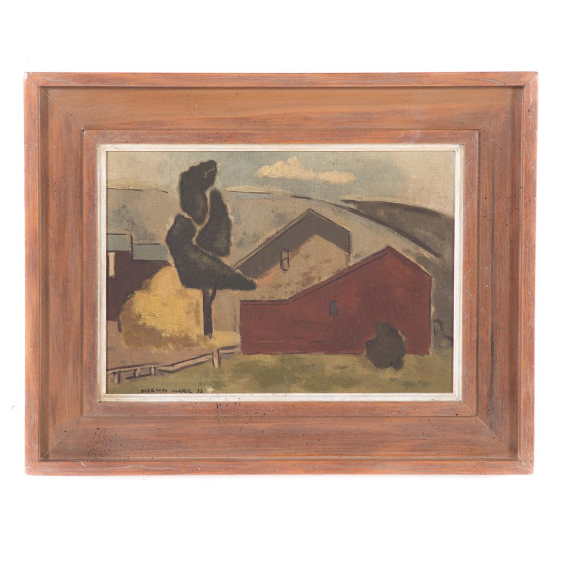 Herman Maril. "The Farm," oil on canvas: (American, 1908-1986). Signed and dated "Herman Maril, '33" ll, signed and titled on upper stretcher on verso, 9 3/4 x 14 in., framed
