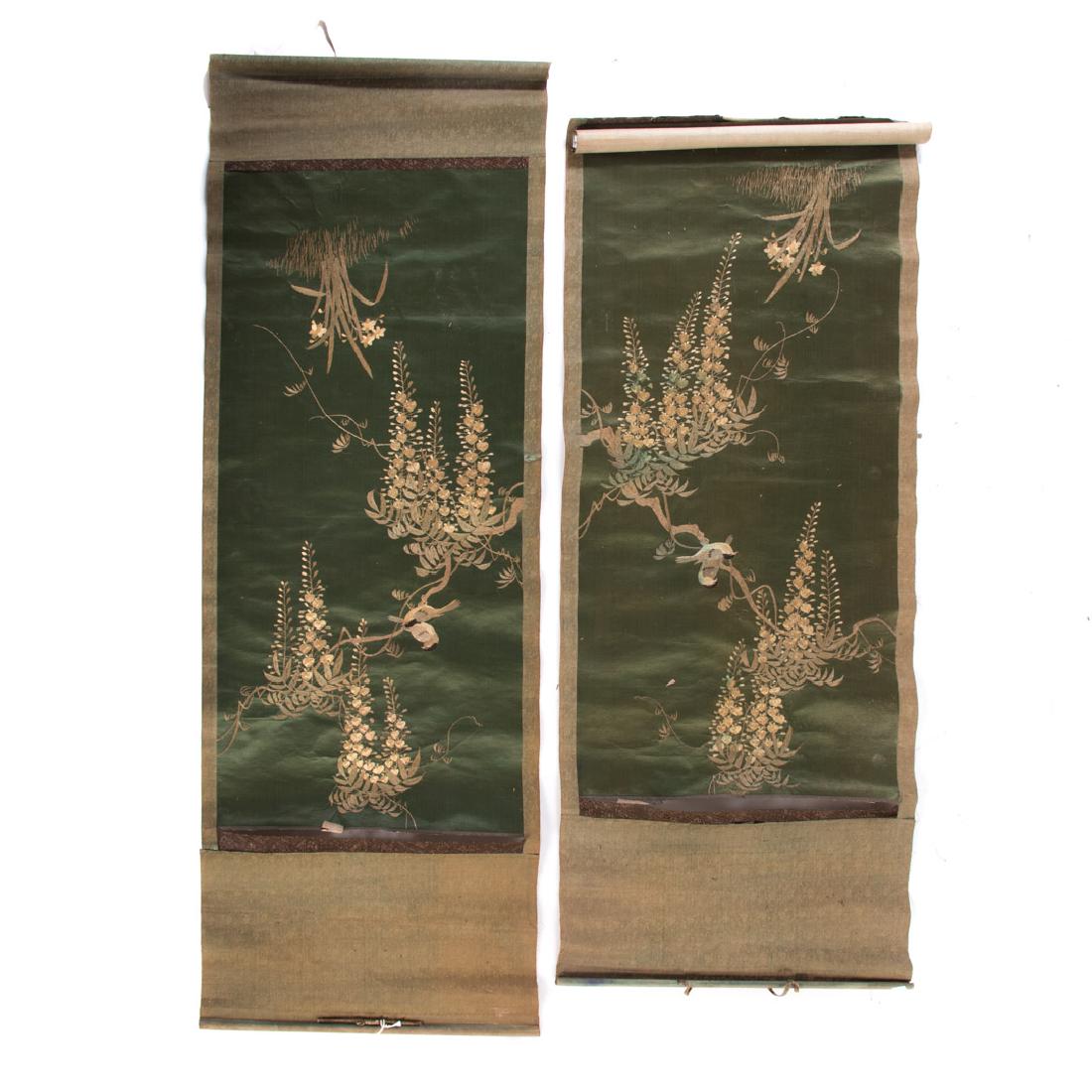 Pair Chinese silk needlework scrolls (1 of 6)
