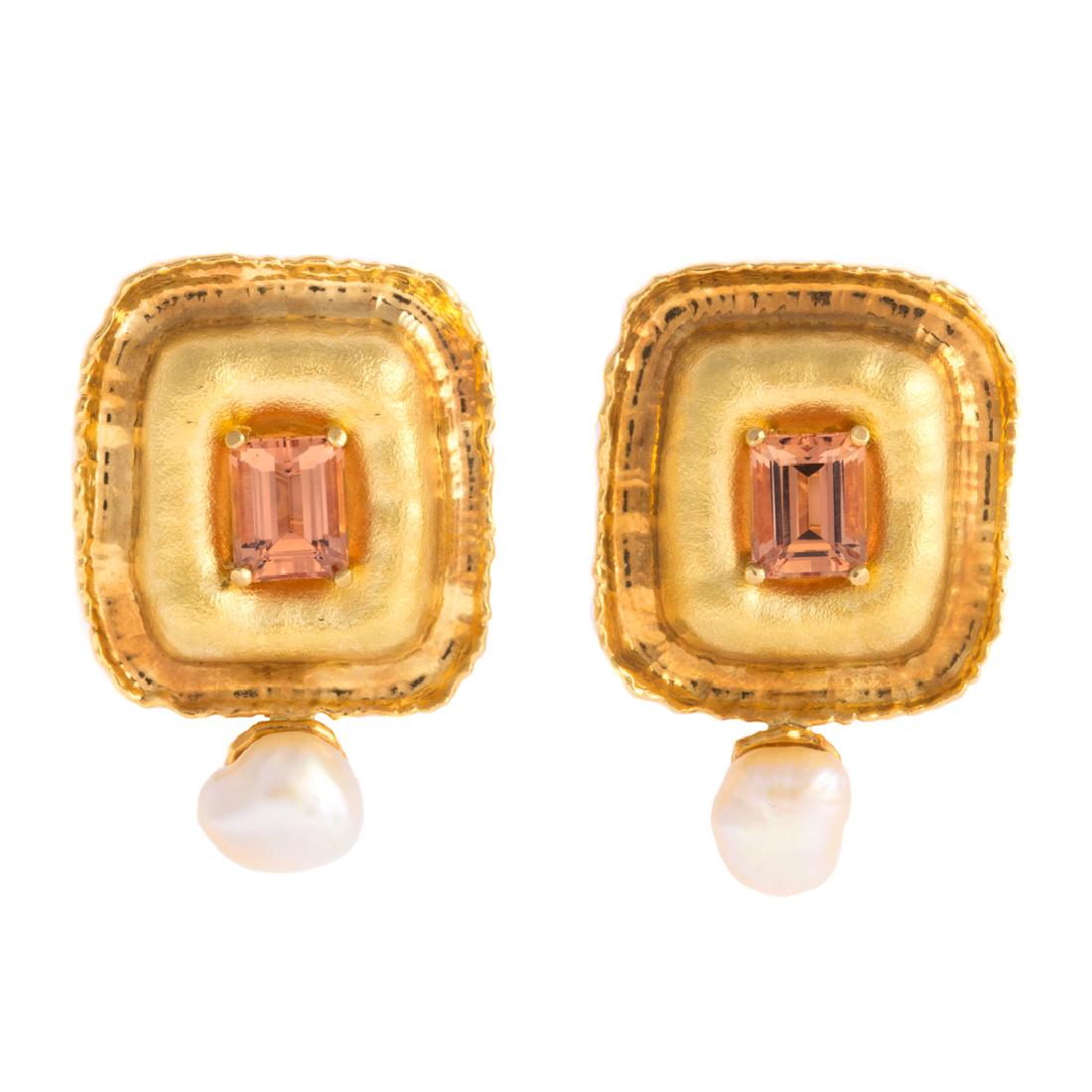A Pair of Imperial Topaz & Pearl Earrings in 18K (1 of 3)