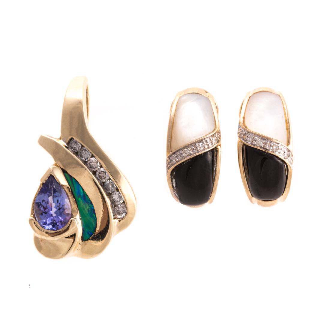 A Pair of Inlayed Earrings & Pendant in Gold (1 of 4)