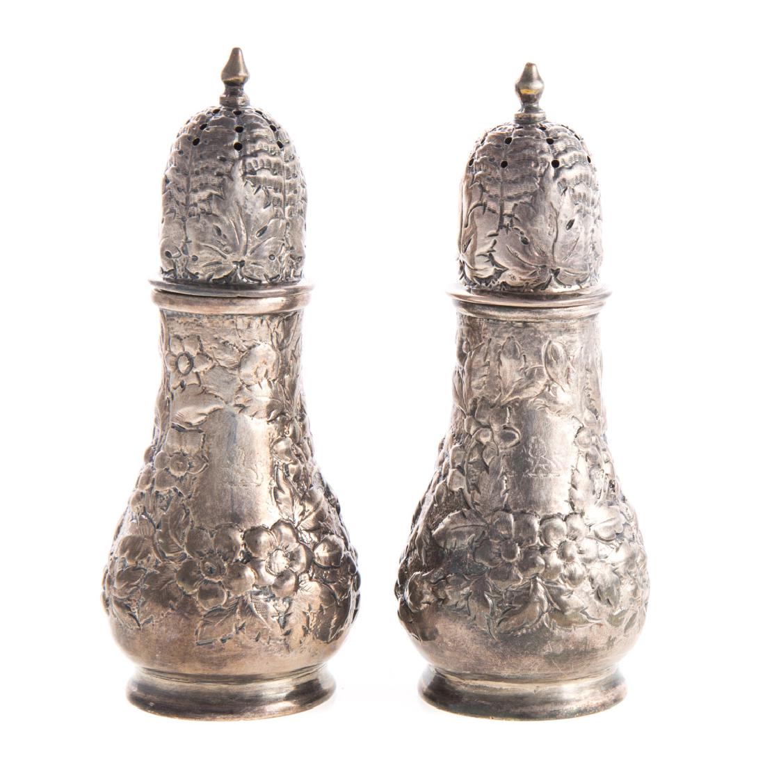 George W. Webb coin silver salt & pepper set: Baltimore, circa 1880, armorial crest, 4 3/4 in. H., 4.60 ozt.