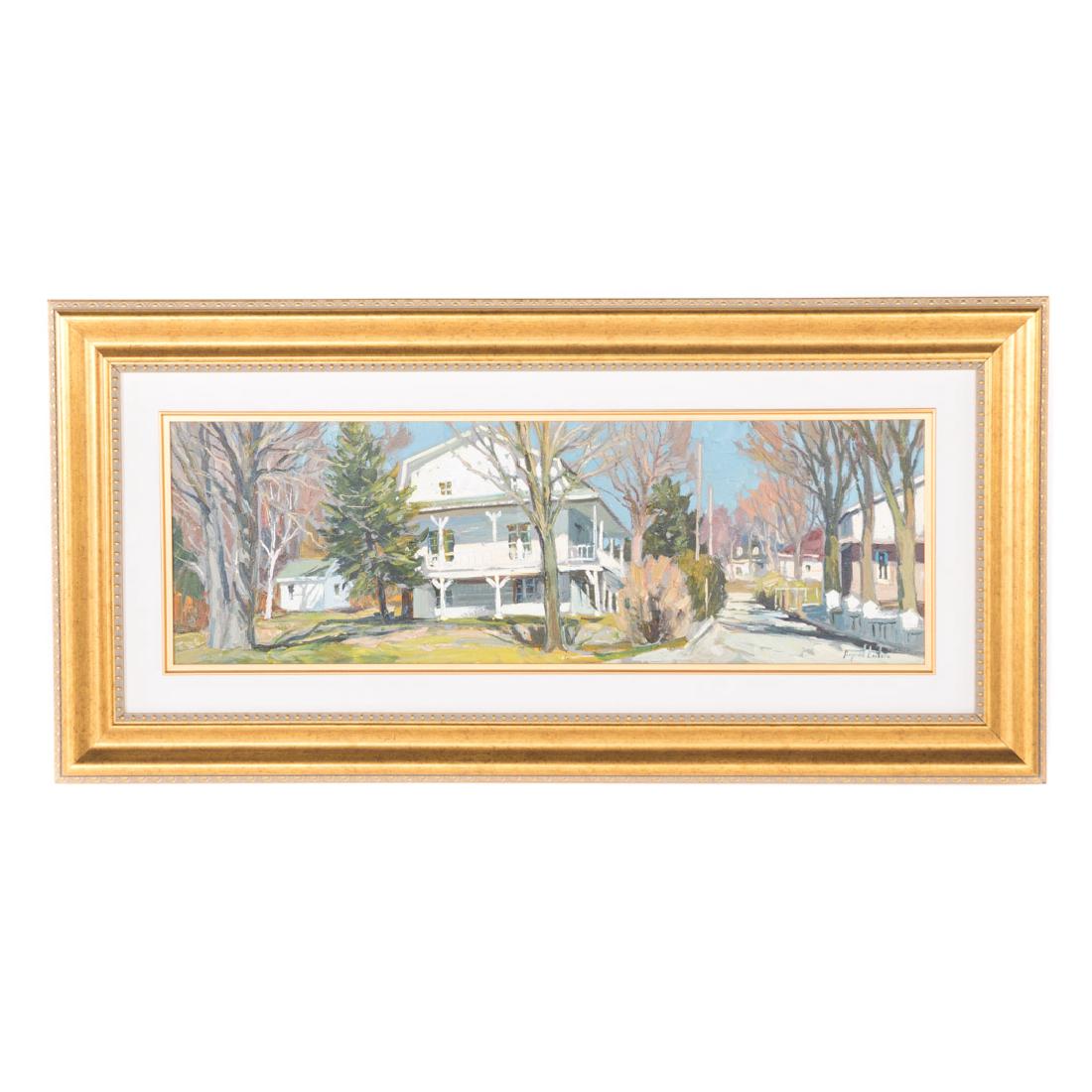 Raynald Leclerc. "Soleil Brillant," oil on canvas: (Canadian, b. 1961). "Soleil Brillant a Ste. Petronillo," signed "Reynald Leclerc" lr, titled on verso, 12 x 36 in., framed; Atelier Carson Inc. Quebec stamp on center stretcher on verso
